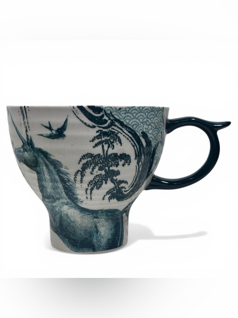 Anthropologie Molly Hatch Unicorn Icon Mug Blue White Toile Retired Coffee Cup